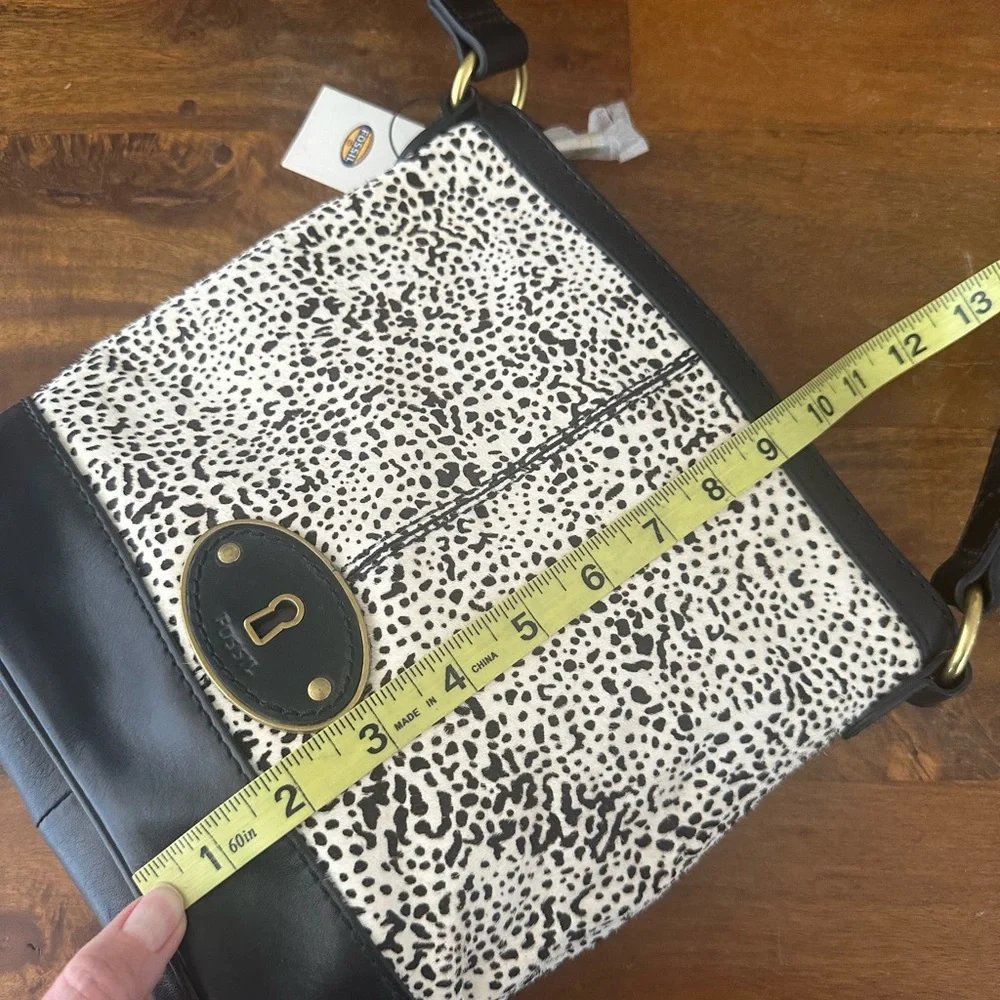 Fossil Black and Cream‎ Calfhair Print Crossbody bucket Bag NWT